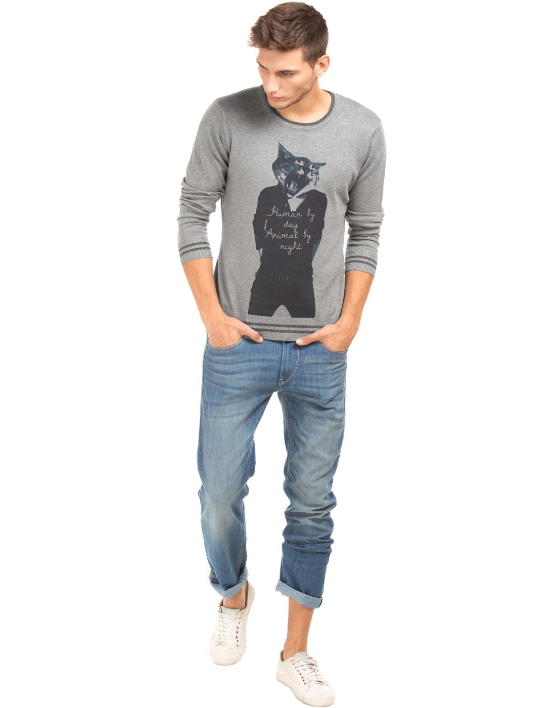 Flying Machine Men Casual Wear Graphic Print Sweater
